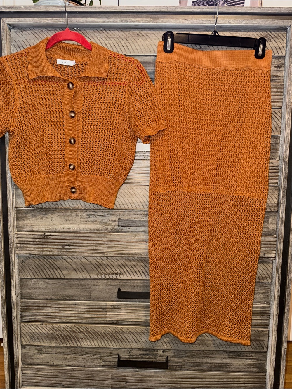 Rust Orange Knit Two-Piece Set - Button Front Cropped Top + Maxi Skirt
